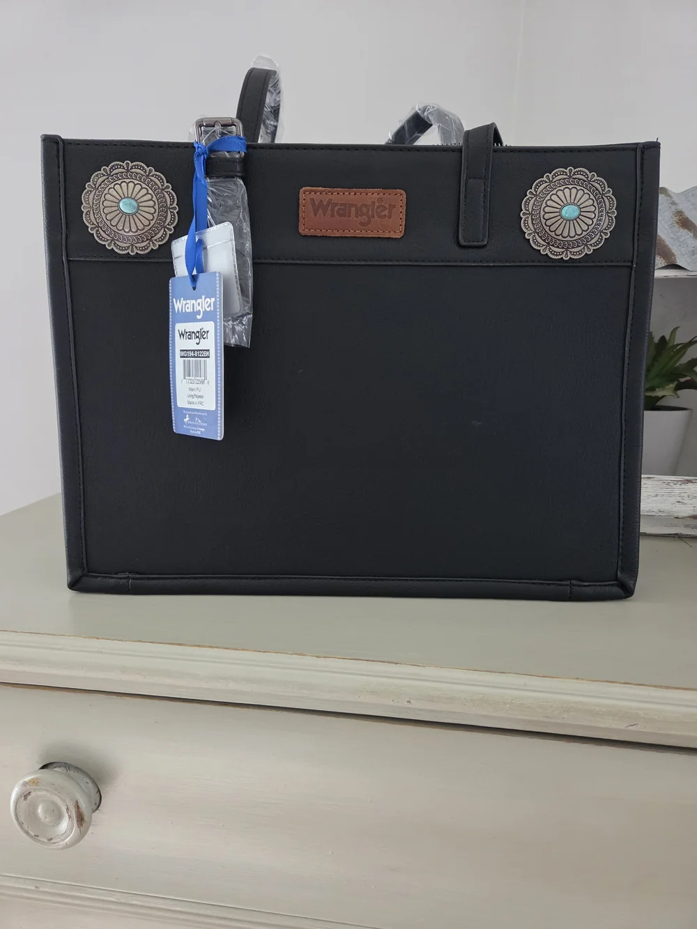 Wrangler Black Laptop Tote with Western Conchos and Turquoise Accents